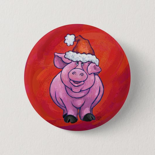 Niedliches Schwein in Weihnachtsmannmütze auf Rot Button (Vorderseite)