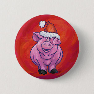 Niedliches Schwein in Weihnachtsmannmütze auf Rot Button