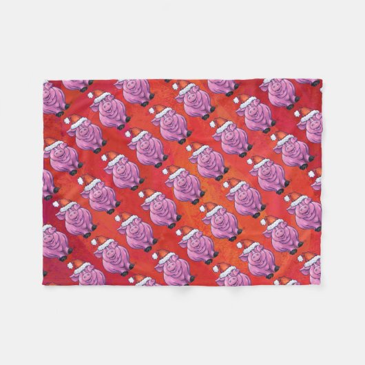 Niedliches Schwein in Weihnachtsmannmütze auf Rot Fleecedecke (Vorderseite (Horizontal))