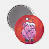 Niedliches Schwein in Weihnachtsmannmütze auf Rot Magnet (Vorderseite/Rückseite)