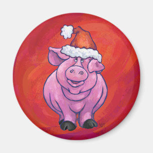 Niedliches Schwein in Weihnachtsmannmütze auf Rot Magnet