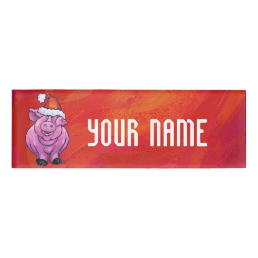 Niedliches Schwein in Weihnachtsmannmütze auf Rot Namenschild (Vorderseite)