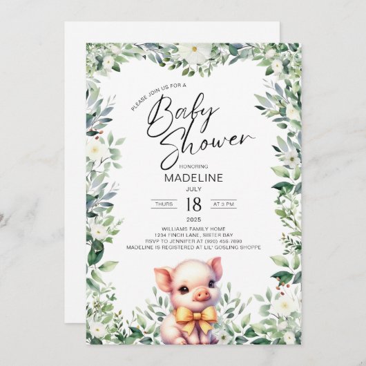Niedliches Schwein mit Bow Baby Dusche Einladung (Vorne/Hinten)