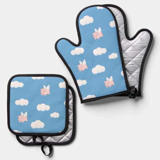 Niedliches Schwein mit Flügelmuster Ofenhandschuh & Topflappen-Set (Vorderseite/Rückseite)