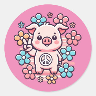 Niedliches Schwein mit Peace Sign & Themed Blume d Runder Aufkleber
