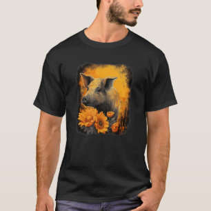 Niedliches Schwein mit Sonnenblumenportrait, orang T-Shirt