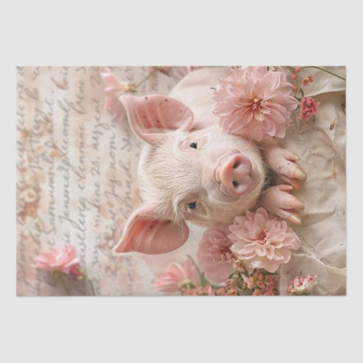 Niedliches Schwein Rosa Blume Shabby Decoupage Seidenpapier (Vorderseite)