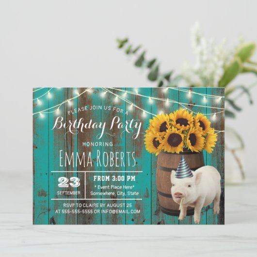 Niedliches Schwein Rustikaler Sonnenblumenbetrieb Einladung (Stehend Vorderseite)