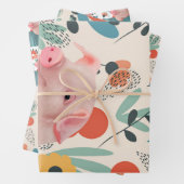 Niedliches Schwein und fröhliche Blume Geschenkpapier Set (Beispiel)