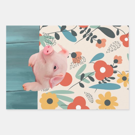Niedliches Schwein und fröhliche Blume Geschenkpapier Set (Vorderseite)
