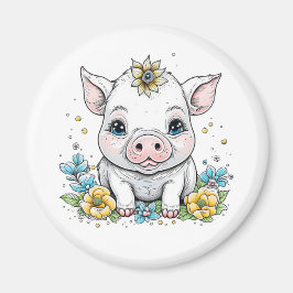 Niedliches Schweine bei Blume Cartoon Magnet