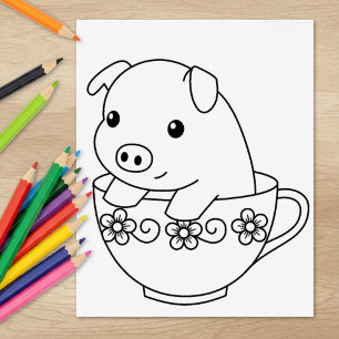 Niedliches Schweinefleisch auf Teacup-Farbseite Gummistempel