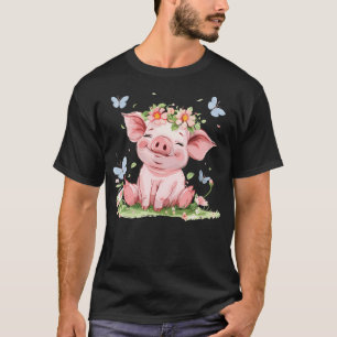 Niedliches Schweinefleisch mit Blume I Kinder Schw T-Shirt