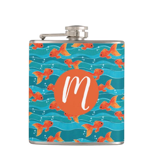 Niedliches Schwimmen Goldfish & Wassermuster Flachmann (Vorderseite)