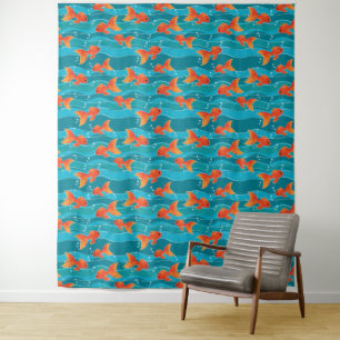 Niedliches Schwimmen Goldfish & Wassermuster Wandteppich