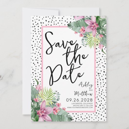 Niedliches Script Tropical Wedding Save The Date (Vorderseite)