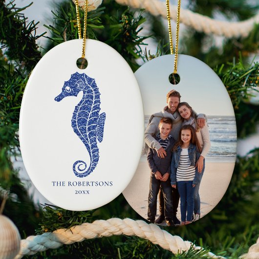 Niedliches Seepferd Navy Glitzer Küste Weihnachten Keramik Ornament