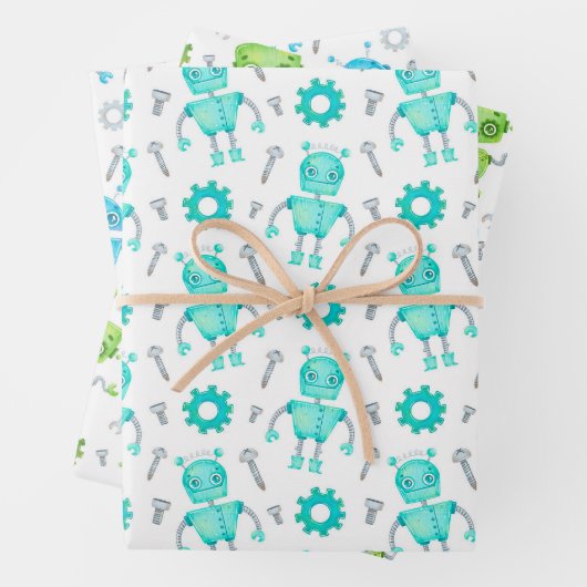 Niedliches Set zum Wrapping von Robotern mit 3 Geschenkpapier Set (Beispiel)
