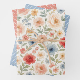 Niedliches Shabby Chic Französisches Blumenmuster Geschenkpapier Set