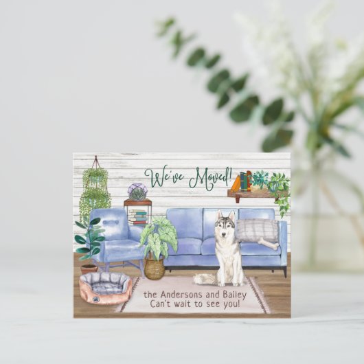 Niedliches sibirisches Husky Cosy New Zuhause Movi Ankündigungspostkarte (Stehend Vorderseite)