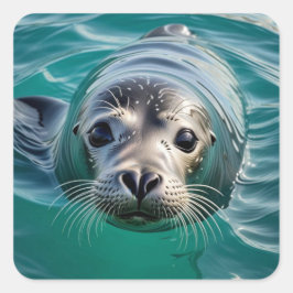 Niedliches Siegel, das seinen Kopf aus dem Wasser  Quadratischer Aufkleber