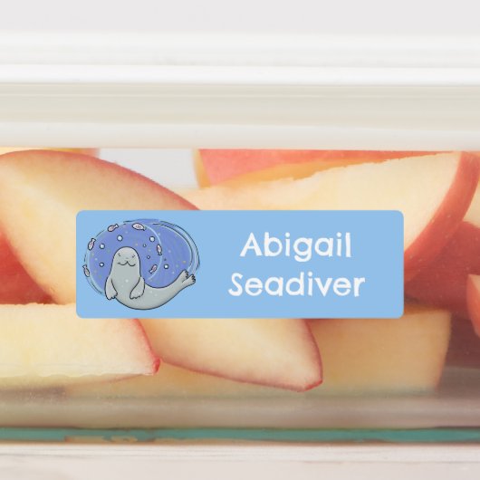 Niedliches Siegel und Fischblauer Cartoon personal Etiketten (Befestigt)