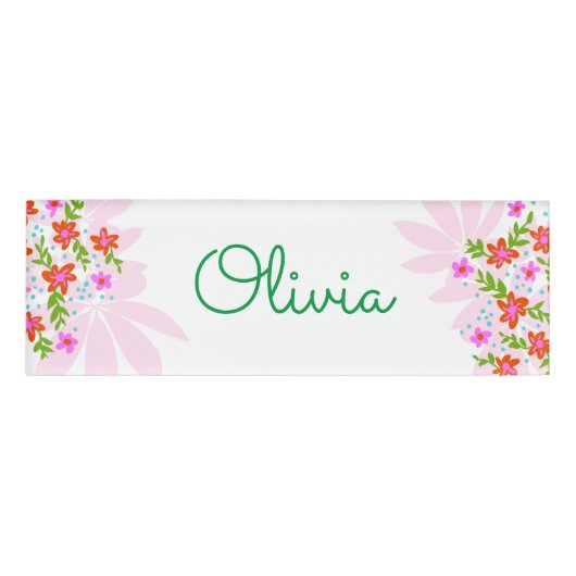 Niedliches Skriptfloral Name Tag des Mitarbeiters Namenschild (Vorderseite)