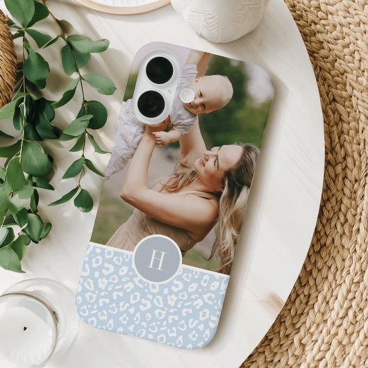 Niedliches Sky Blue Leopard Print Monogram & Foto Case-Mate iPhone Hülle