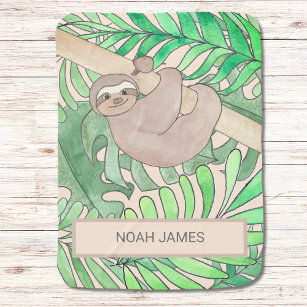 Niedliches Sloth Baby Jungle Blätter Aquarellname Babydecke