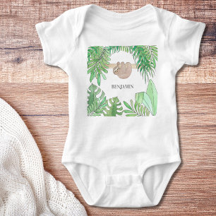 Niedliches Sloth Baby Jungle Blätter Aquarellname Strampler