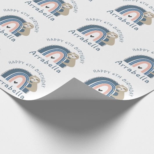 Niedliches Sloth Rainbow Girl's 6. Geburtstag Geschenkpapier (Ecke)