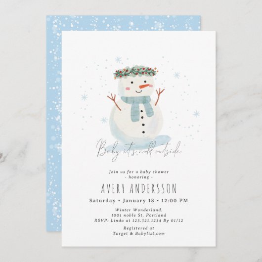 Niedliches Snowman Baby Es ist kalte Außendusche Einladung (Vorne/Hinten)