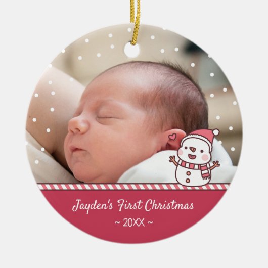 Niedliches Snowman Doodle Baby's First Christmas F Keramik Ornament (Vorne)