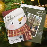 Niedliches Snowman Foto Schneeflocken Frohe Weihna Feiertagskarte<br><div class="desc">Wünschen Sie Ihren Freunden und Ihrer Familie ein schönes und fröhliches Weihnachtsfest und ein glückliches Neues Jahr mit dieser niedlichen Snowman-Urlaubskarte. Laden Sie einfach Ihr Lieblings-Foto hoch und passen Sie Ihre eigene Nachricht für das neue Jahr an.</div>