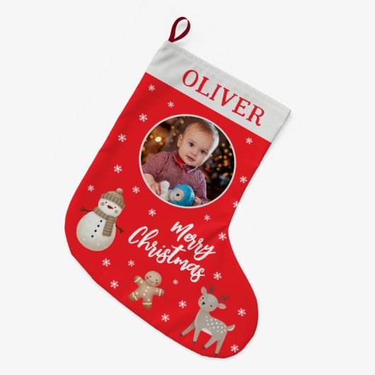 Niedliches Snowman Reindeer Gingerbrot Snowflake F Großer Weihnachtsstrumpf (Vorderansicht (hängend))