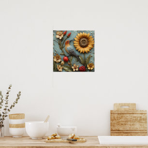 Niedliches Sonnenblume-Bird-Lady Bug Blumenposter Poster