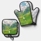 Niedliches sonniges Wetter mit Aussicht auf Berge Ofenhandschuh & Topflappen-Set (Vorderseite/Rückseite)