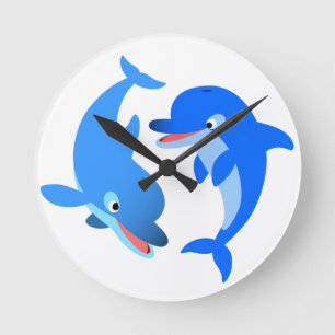 Niedliches Spielen Cartoon Dolphin Wall Clock Runde Wanduhr