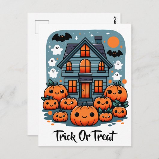 Niedliches Spuk House Halloween Pumpkins Ghosts &  Postkarte (Vorne/Hinten)