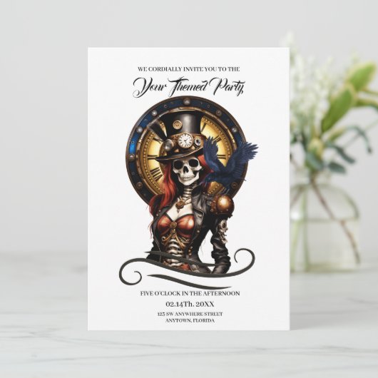 Niedliches Steampunk Skeleton Einladung (Stehend Vorderseite)