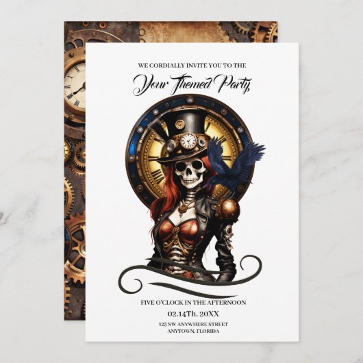 Niedliches Steampunk Skeleton Einladung (Vorne/Hinten)