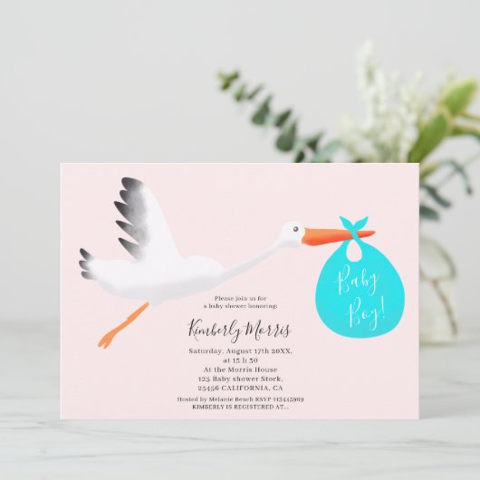 Niedliches Storchenrosa Taschenbild Babydusche Einladung (Stehend Vorderseite)