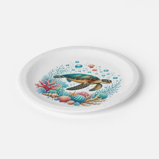 Niedliches Strandschildkröten-Party Pappteller (Schrägansicht)