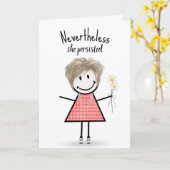 Niedliches Strichfigur-Mädchen in Gingham Dress In Karte (Gelbe Blume)