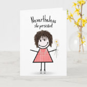 Niedliches Strichfigur-Mädchen in Gingham Dress In Karte (Gelbe Blume)