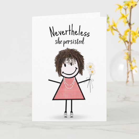 Niedliches Strichfigur-Mädchen in Gingham Dress In Karte (Gelbe Blume)