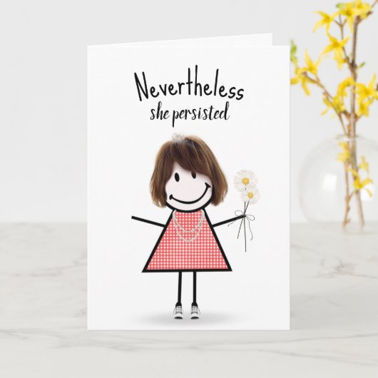 Niedliches Strichfigur-Mädchen in Gingham Kleid mi Karte (Gelbe Blume)