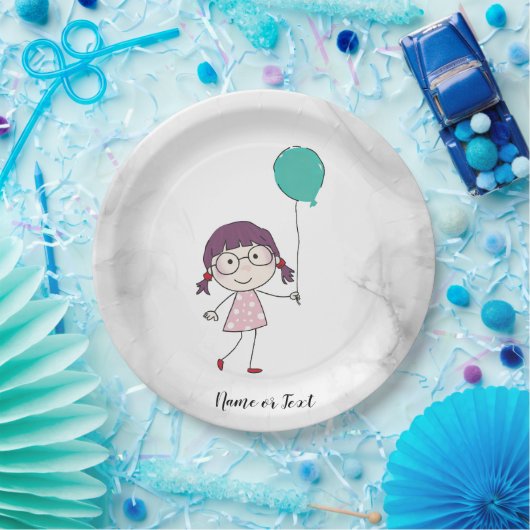 Niedliches Strichfigur-Mädchen Wasserfarbe Aquamar Pappteller (Party)