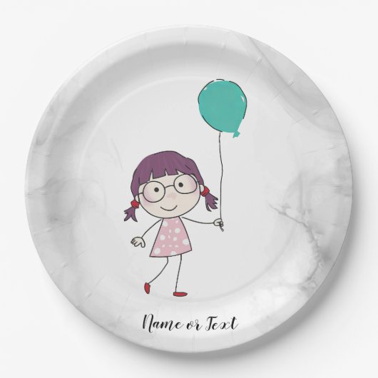 Niedliches Strichfigur-Mädchen Wasserfarbe Aquamar Pappteller (Vorderseite)