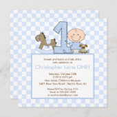 Niedliches Strichmännchen Boy 1. Geburtstag Einlad Einladung (Vorne/Hinten)